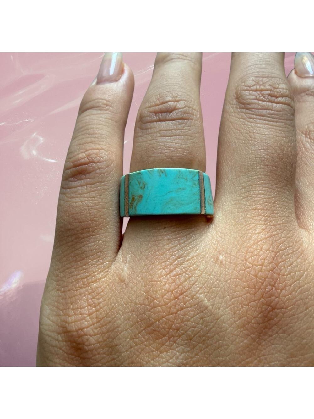 Vintage boho Turquoise inlay 925 Sterling silver thick band pinky ring Size 5